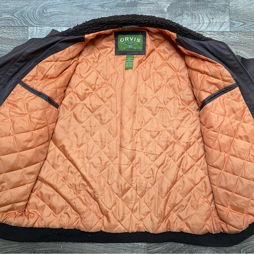 Orvis Waxed Cotton Fleece Collar Brown Bomber Large - Picture 9 of 16